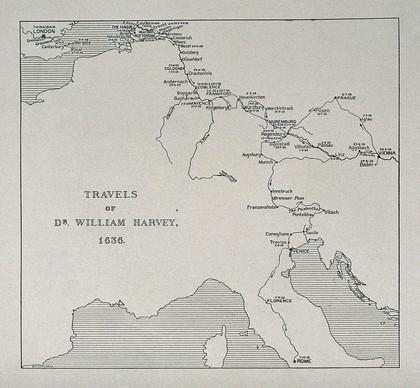 William Harvey: a map of his travels across Europe in 1636.Process print.