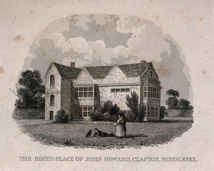 John Howard: his birthplace in Clapton, Middlesex (top), facsimile of part of a letter written by him, and his residence at Cardington, Bedfordshire (bottom). Etching with engraving by C.J. Smith, 1836.