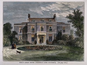 view Earls Court House, John Hunter's residence. Coloured wood engraving.