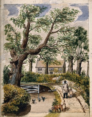 The cottage in which Edward Jenner first tried vaccination; foreground: trees, pond with ducks, bridge and path with man and child walking. Watercolour by F. Pick, 1865.