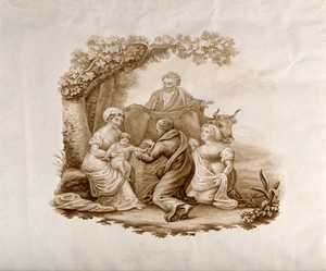 view A bedridden girl dies of smallpox, mourned by three people, in a roundel. Etching by R. Adam after Devéria, 1824.