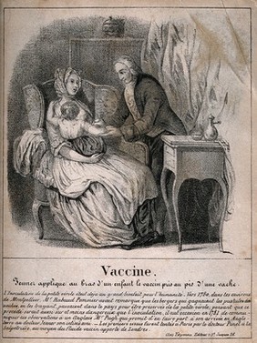 Edward Jenner vaccinates a young child on its mother's lap: prosperous domestic interior. Lithograph attributed to J.-L. Tirpenne, 1820/1830.