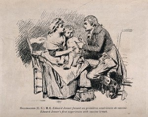 view Edward Jenner vaccinating a boy. Lithograph after E.E. Hillemacher, 1884.