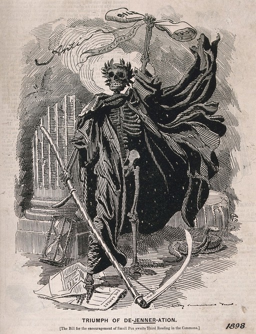Death as a skeletal figure wielding a scythe: representing fears concerning the Act of 1898 which made vaccination against smallpox compulsory. Wood engraving by Sir E.L. Sambourne, 1898.