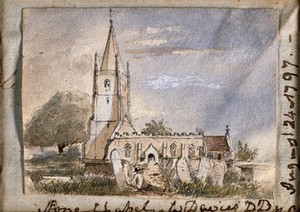 view All Saints Church and graveyard at Stone, in Ham and Stone parish, near Berkeley, Gloucestershire. Watercolour attributed to W. Davies, 1797.