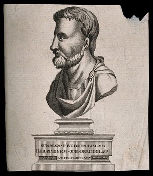 view A. Cornelius Celsus, profile bust on a pedestal. Engraving.