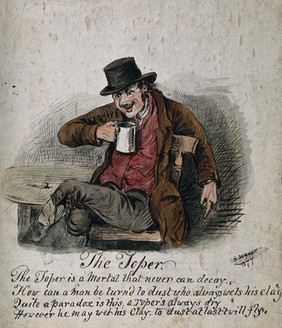 A drunkard wearing a hat, seated, drinking. Watercolour and ink by S. Jenner, 1877.