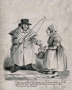 view A coachman with a whip and a woman with a kettle: the man mistrusts anything using steam (implying steam trains). Pencil and ink wash by S. Jenner, ca. 1830.