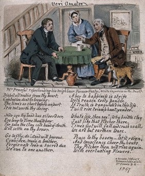 A farmer, quick to take offense, and his neighbour trying to pacify him; a woman and a dog next to them. Watercolour by S. Jenner, 1867.