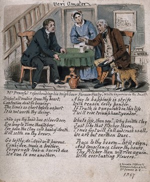 view A farmer, quick to take offense, and his neighbour trying to pacify him; a woman and a dog next to them. Watercolour by S. Jenner, 1867.