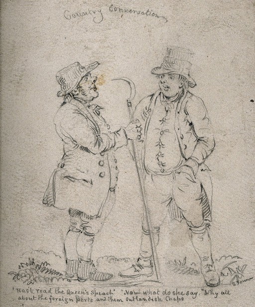 Two country men conversing, one holding a scythe. Pencil drawing by S. Jenner.