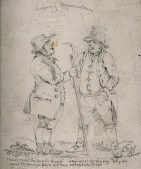 Two Gloucestershire countrymen, one holding a scythe, conversing about foreign affairs. Pencil drawing by S. Jenner.