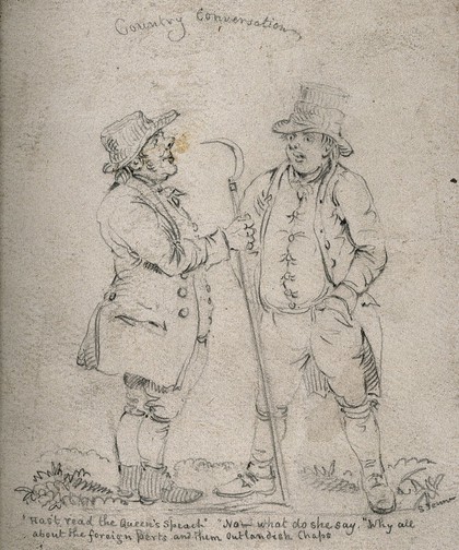 Two Gloucestershire countrymen, one holding a scythe, conversing about foreign affairs. Pencil drawing by S. Jenner.