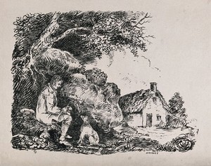 view A young man seated under a tree, peeling an apple, with a dog; cottage in the background. Soft-ground etching by S. Jenner.