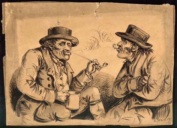 Two men in rural attire, seated, in conversation; one holds a tankard, both are smoking pipes. Ink drawing by S. Jenner, ca. 1850.