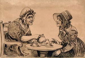 view Two women taking tea at a small round table. Ink drawing by S. Jenner, ca. 1850.