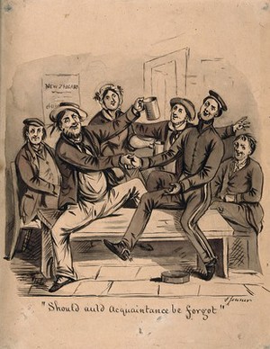 view A sailor being toasted by a group of his friends in a tavern as he is about to depart for New Zealand. Pencil, ink and wash, by S. Jenner.