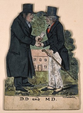 A divine and a physician shaking hands on meeting. Watercolour and ink, by Stephen Jenner, 1830/1850?.