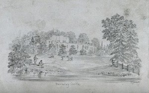 view Berkeley castle, view from a distance, with a river or lake in the foreground. Pencil drawing by S. Jenner.