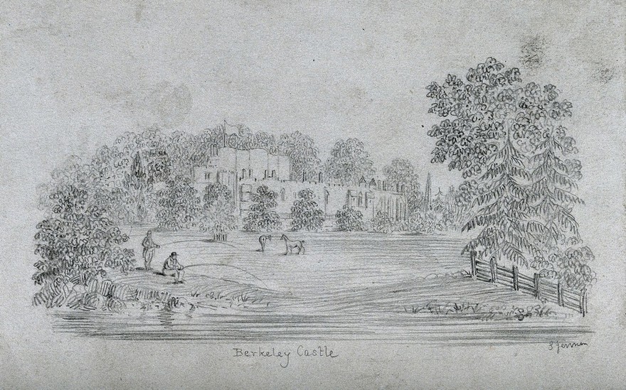 Berkeley castle, view from a distance, with a river or lake in the foreground. Pencil drawing by S. Jenner.
