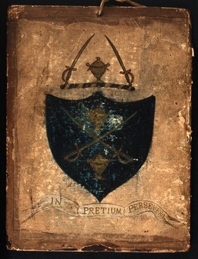 Coat of arms: urns, crossed swords and motto. Watercolour and oil attributed to S. Jenner, ca. 1850 (?).