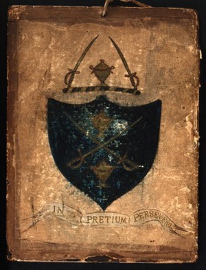 view Coat of arms: urns, crossed swords and motto. Watercolour and oil attributed to S. Jenner, ca. 1850 (?).