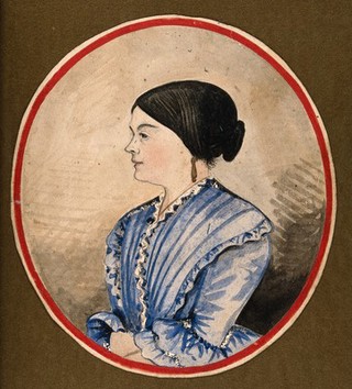 Mrs. Stephen Jenner in profile, head and shoulders, wearing a blue dress. Watercolour and ink by S. Jenner, 1856.