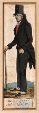 Henry Jenner, holding stick and wearing top hat and tails. Watercolour and ink attributed to S. Jenner, 1830/1840?.