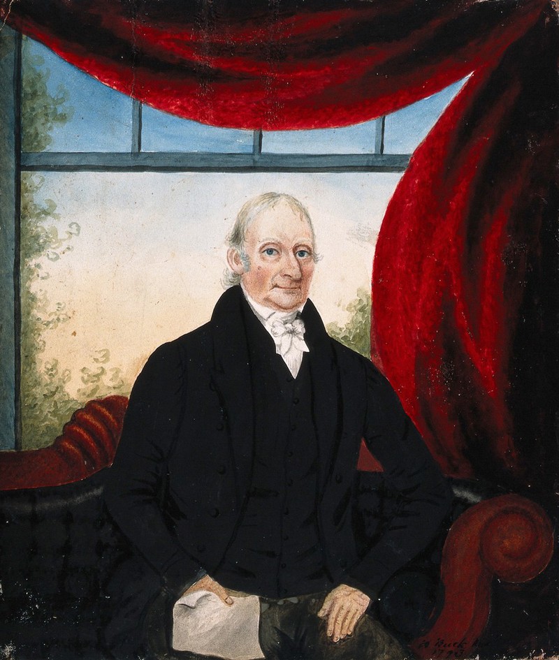 A member of the Jenner family (?), seated on a sofa, holding a paper in his right hand; behind, a window framed with a red curtain. Watercolour by A. Buck, 1793., 1793, by Adam Buck