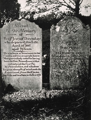 Tombstones recording the deaths of Benjamin Jesty and his wife Elizabeth Jesty. Photograph by E.A. Underwood, 1956.