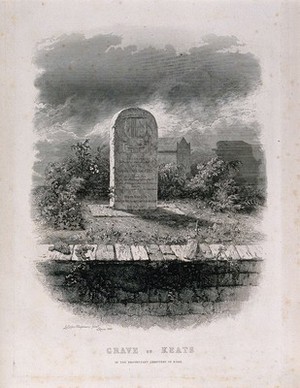 view The grave of John Keats in the Protestant cemetery of Rome, Italy. Etching by J.L. Chapman, 1863.