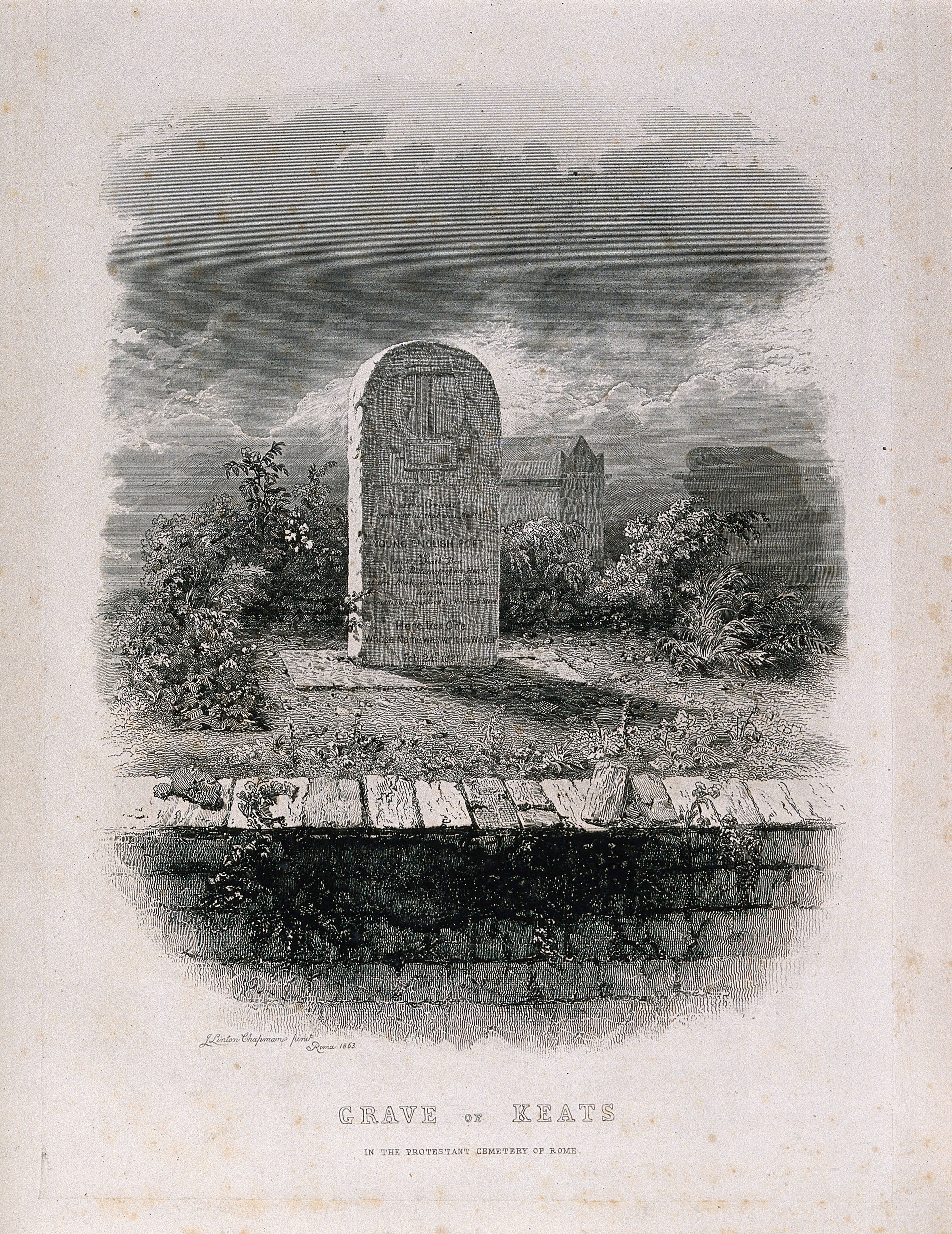 The grave of John Keats in the Protestant cemetery of Rome, Italy. Etching by J.L. Chapman, 1863.