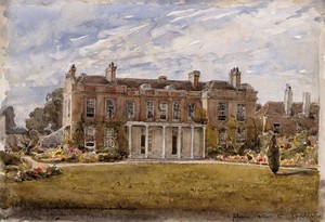 view Upton House, West Ham; birthplace of Joseph Lister. Watercolour partly after a photograph, partly after a sketch by Mary Lister, 1920/1940.