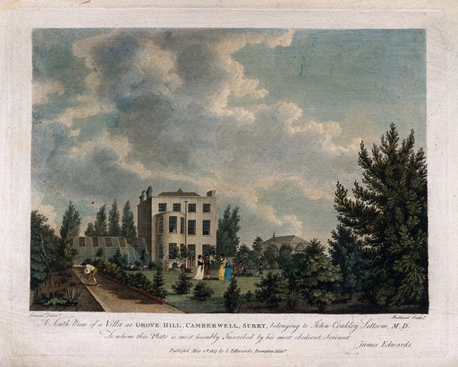 John Coakley Lettsom's house: south view of Grove Hill, Camberwell, Surrey. Coloured engraving by T. Medland, after G. Samuel, 1817.