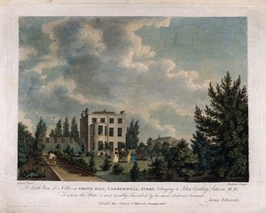 view John Coakley Lettsom's house: south view of Grove Hill, Camberwell, Surrey. Coloured engraving by T. Medland, after G. Samuel, 1817.