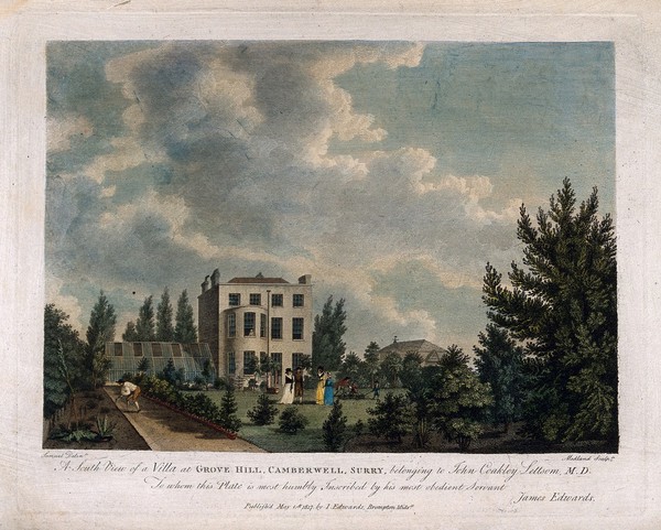 John Coakley Lettsom's house: south view of Grove Hill, Camberwell, Surrey. Coloured engraving by T. Medland, after G. Samuel, 1817.