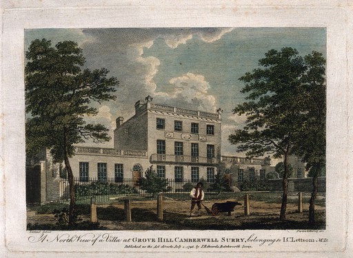 John Coakley Lettsom's house: north view of Grove Hill, Camberwell, Surrey. Coloured engraving by Darton and Harvey, after G. Samuel, 1795.