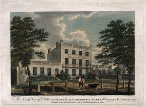view John Coakley Lettsom's house: north view of Grove Hill, Camberwell, Surrey. Coloured engraving by Darton and Harvey, after G. Samuel, 1795.