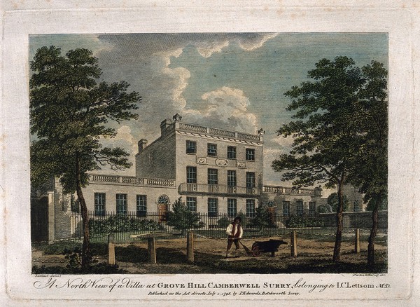 John Coakley Lettsom's house: north view of Grove Hill, Camberwell, Surrey. Coloured engraving by Darton and Harvey, after G. Samuel, 1795.