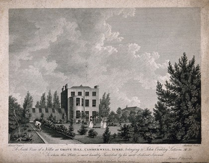 John Coakley Lettsom's house: south view of Grove Hill, Camberwell, Surrey. Engraving by T. Medland, after G. Samuel, 1792.