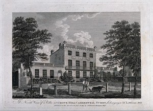 view John Coakley Lettsom's house: north view of Grove Hill, Camberwell, Surrey. Egraving by Darton and Harvey, after G. Samuel, 1817.