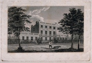 view John Coakley Lettsom's house and gardens, Grove Hill, Camberwell, Surrey: view from the road. Etching after G. Samuel, 18--.