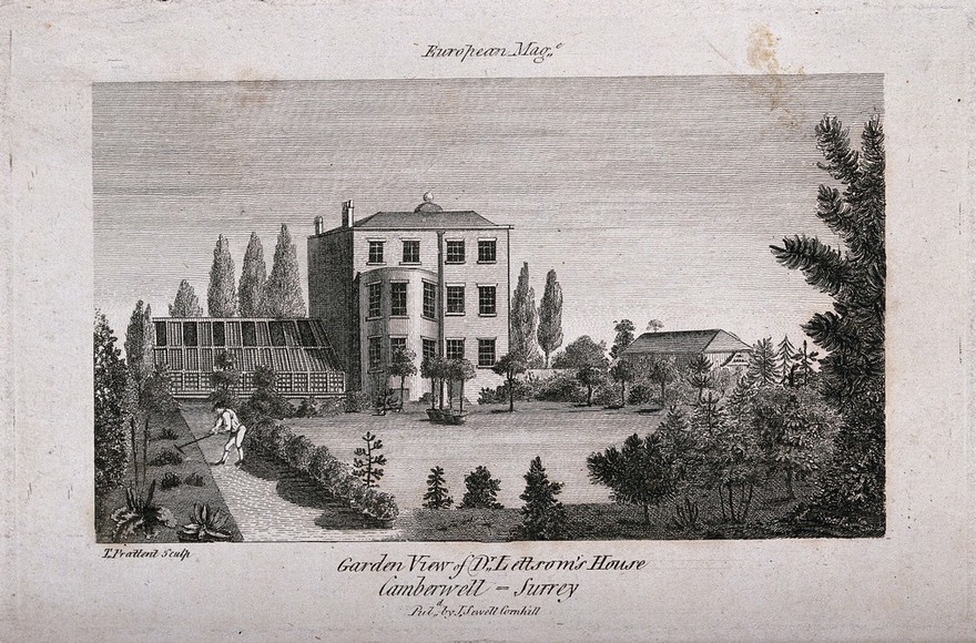 John Coakley Lettsom's house: south view of Grove Hill, Camberwell, Surrey. Engraving by T. Prattent, 1795-1802.