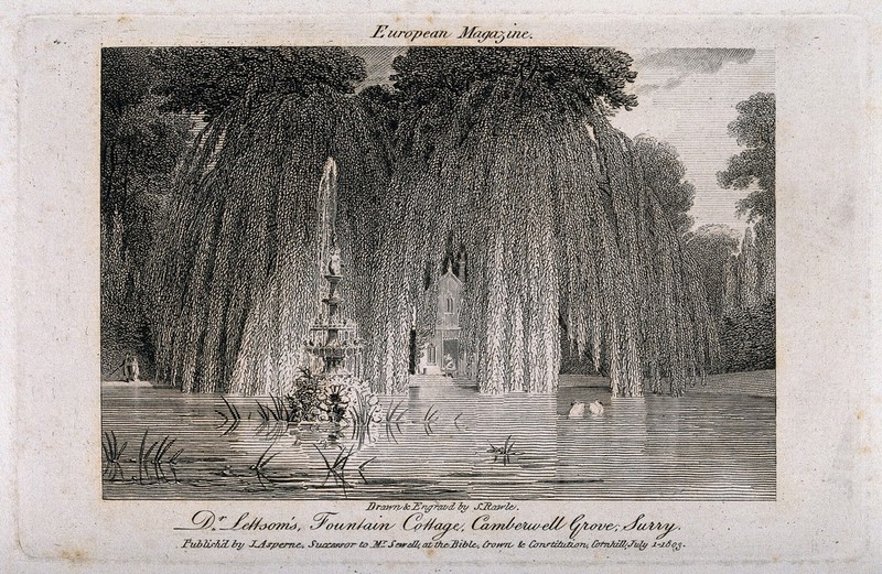 John Coakley Lettsom's fountain and cottage at Grove Hill, Camberwell, Surrey. Engraving by S. Rawle, after himself, 1803., July 1, 1803, by Samuel Rawle