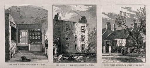 Left, the room where David Livingstone was born; centre, the house where he was born; right, the cottage where he spent his youth. Etching.