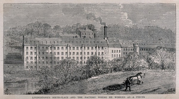 The spinning mill where David Livingstone worked as a child, seen from some distance; horse and ploughman in the foreground. Etching.