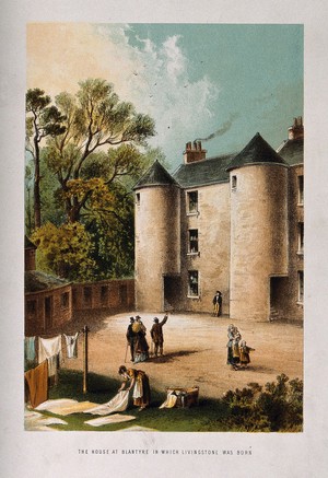 view The house where David Livingstone was born, in Blantyre, Scotland. Coloured lithograph.