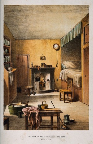 view The room where David Livingstone was born. Coloured lithograph.