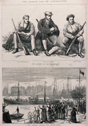 Above, W.O. Livingstone, L.S. Dawson and W. Henn, leaders of the search for D. Livingstone, seated on rocks, holding guns; below, the Abydos, the ship on which they sailed to Africa, leaving London. Etching, 1872.