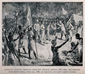 view Henry Morton Stanley's meeting with Emin Pasha in 1888 during his journey through central Africa. Lithograph.